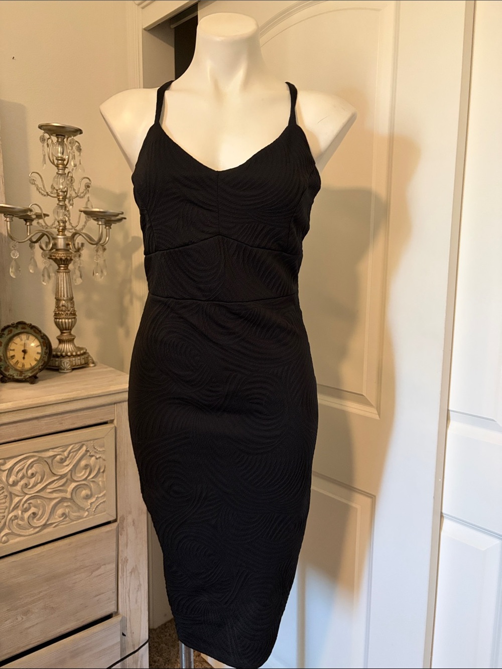 Textured Black Spaghetti-Strap Midi Dress